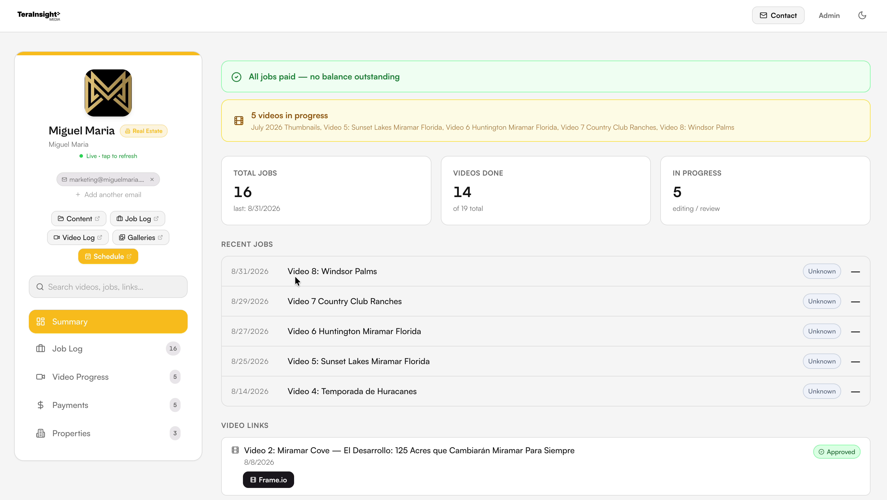 TeraInsight Media client hub dashboard — total jobs, videos done and recent jobs